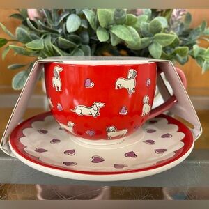 Valentine’s Day Dachshund Dog Pink Heart Teacup & Saucer Cath Kidston NWT